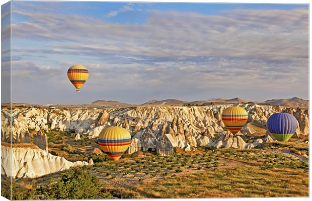 Balloons drifting through Cappadocia gorge Canvas Print by Arfabita  