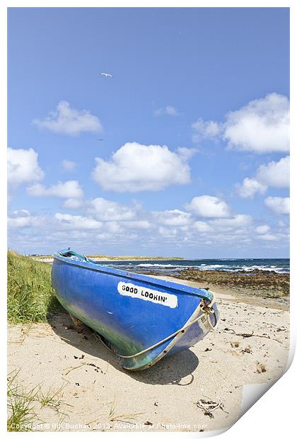Blue Boat Under Blue Sky Print by Bill Buchan