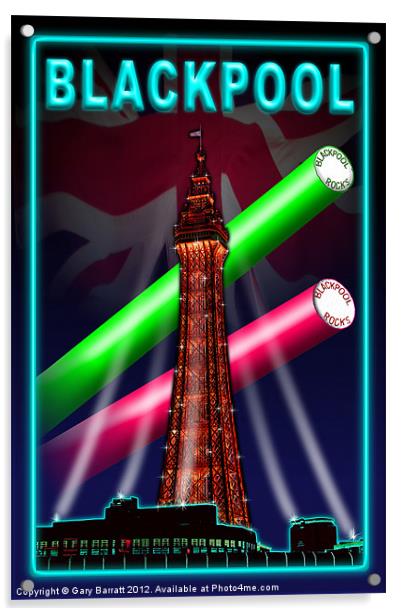 Blackpool Tower Rock Neon Blue Acrylic by Gary Barratt