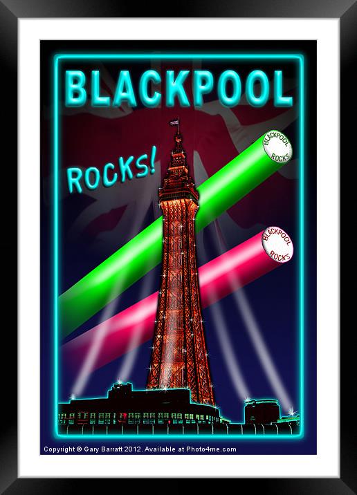 Blackpool Rocks Neon Blue Framed Mounted Print by Gary Barratt