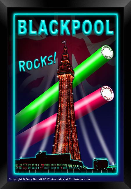 Blackpool Rocks Neon Blue Framed Print by Gary Barratt