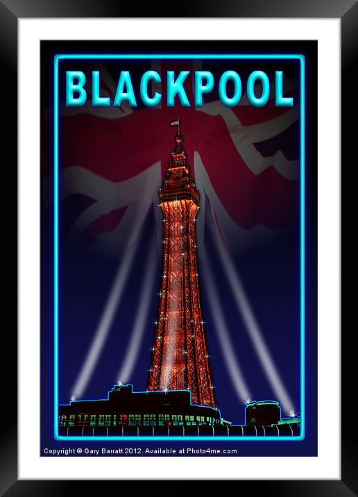 Blackpool Tower Light Neon Blue Framed Mounted Print by Gary Barratt