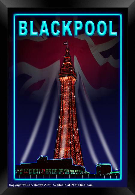 Blackpool Tower Light Neon Blue Framed Print by Gary Barratt