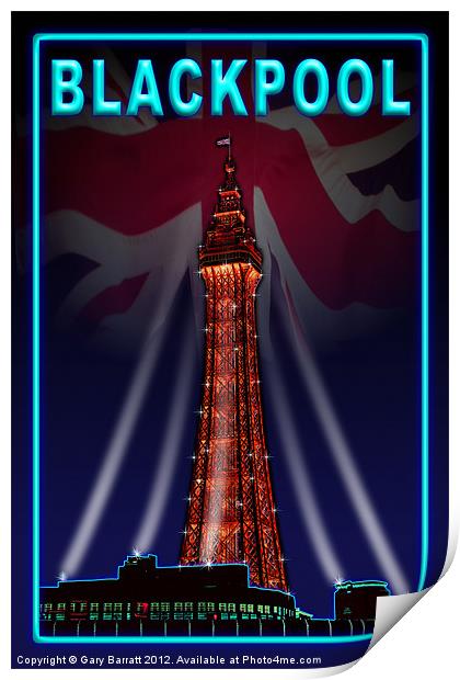 Blackpool Tower Light Neon Blue Print by Gary Barratt