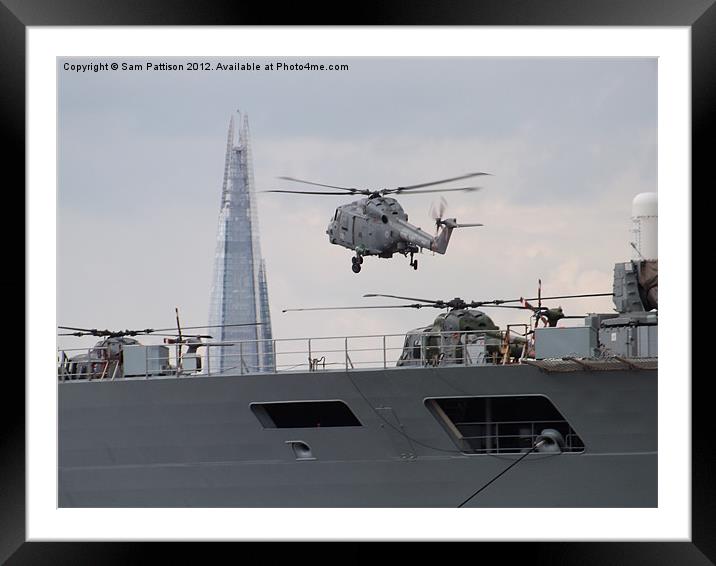 HMS Ocean,the Shard and a helicopter. Framed Mounted Print by Sam Pattison