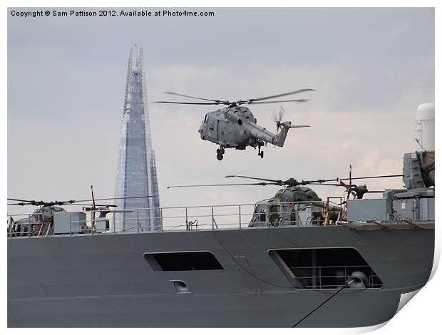 HMS Ocean,the Shard and a helicopter. Print by Sam Pattison
