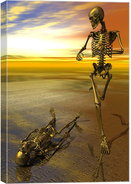 Surreal skeleton jogging past prone skeleton with  Canvas Print by Nicholas Burningham