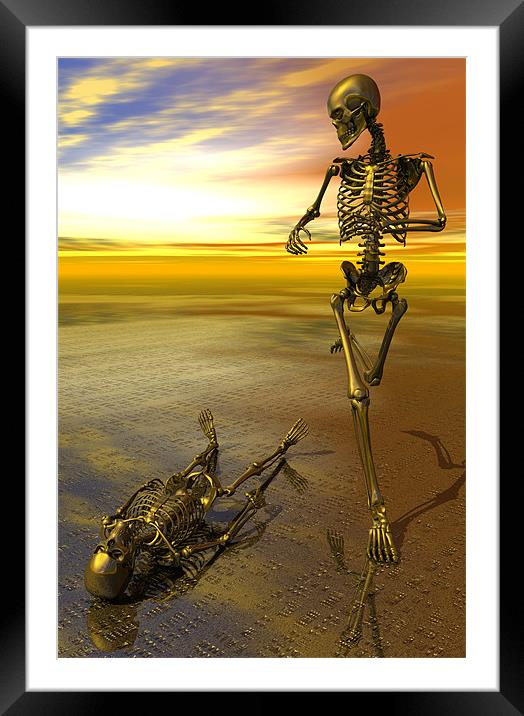 Surreal skeleton jogging past prone skeleton with  Framed Mounted Print by Nicholas Burningham