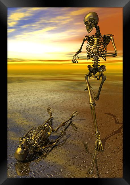 Surreal skeleton jogging past prone skeleton with  Framed Print by Nicholas Burningham