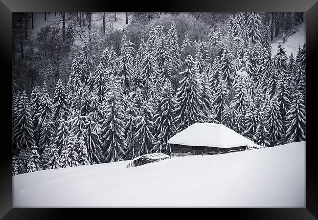 Wooden house in the snow Framed Print by Cristian Mihaila