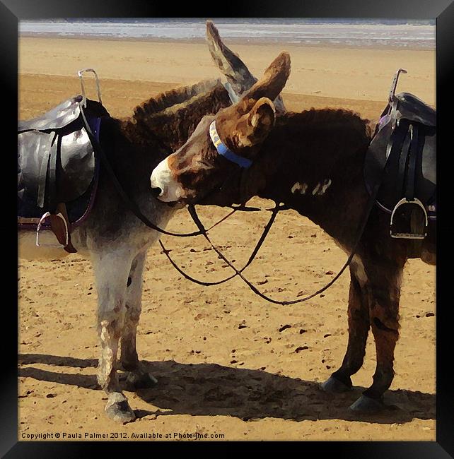 Two donkeys on Weston-Super-Mare beach Framed Print by Paula Palmer canvas