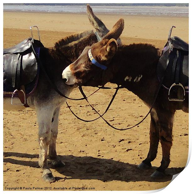 Two donkeys on Weston-Super-Mare beach Print by Paula Palmer canvas