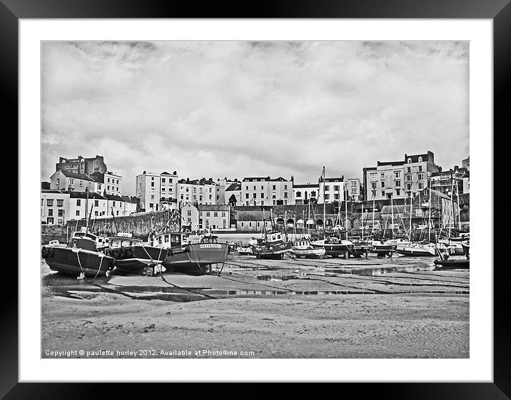 Tenby Harbour. Fishing Boats. B+W. Framed Mounted Print by paulette hurley