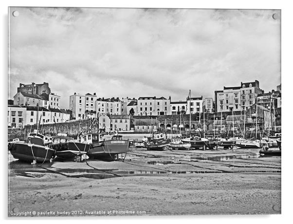 Tenby Harbour. Fishing Boats. B+W. Acrylic by paulette hurley