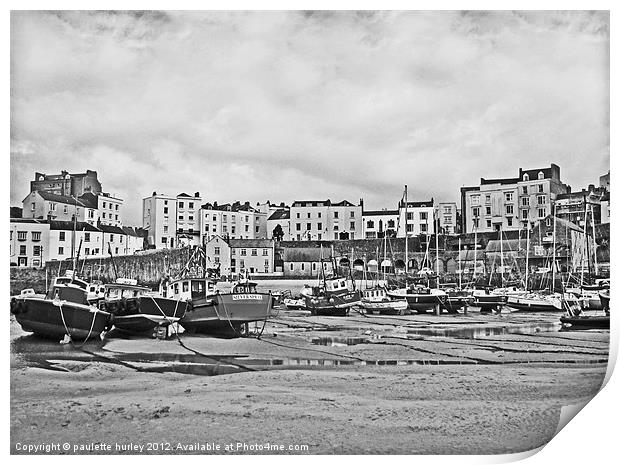 Tenby Harbour. Fishing Boats. B+W. Print by paulette hurley