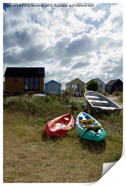 Beach Huts and Boats Print by Phil Wareham