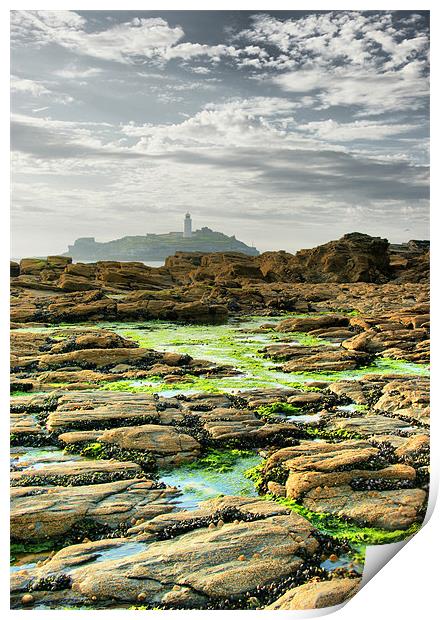Godrevy Rocks and Lighthouse, St Ives Bay Print by Brian Pierce
