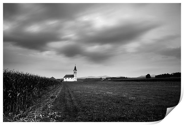 Storm clouds gather over church Print by Ian Middleton