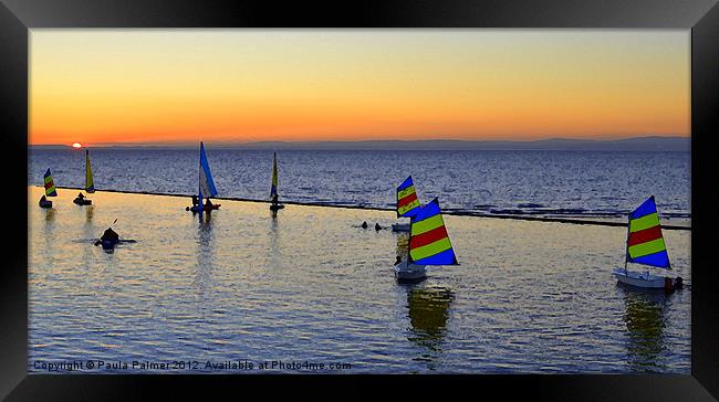 Arty sailing boats at sunset in Clevedon  Framed Print by Paula Palmer canvas