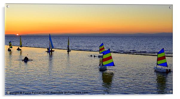 Arty sailing boats at sunset in Clevedon  Acrylic by Paula Palmer canvas