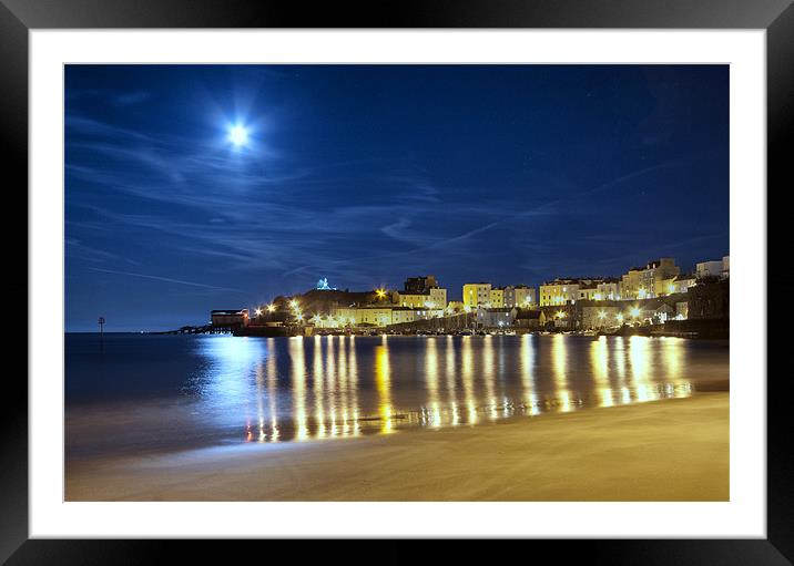 Tenby Harbour by moon light Framed Mounted Print by Paul Deverson