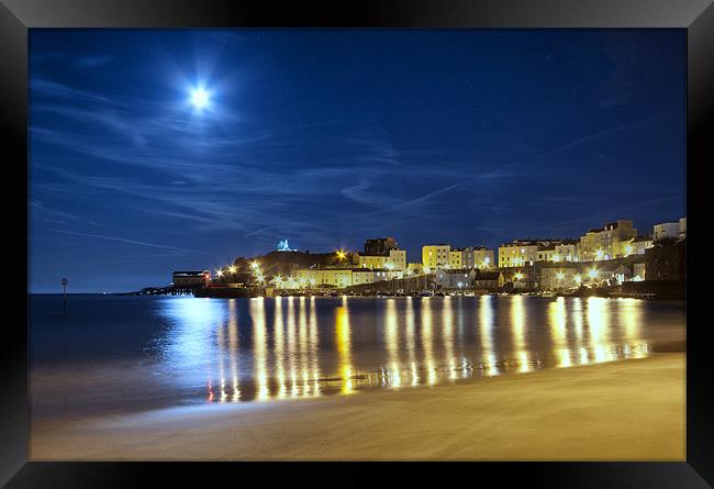Tenby Harbour by moon light Framed Print by Paul Deverson