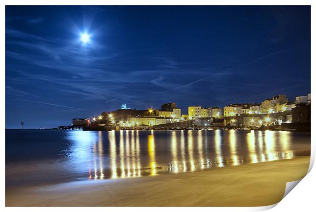 Tenby Harbour by moon light Print by Paul Deverson