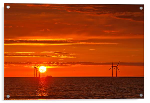 FLAMING RED SKY ( Wind turbines at sea ) Acrylic by raymond mcbride