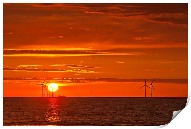 FLAMING RED SKY ( Wind turbines at sea ) Print by raymond mcbride
