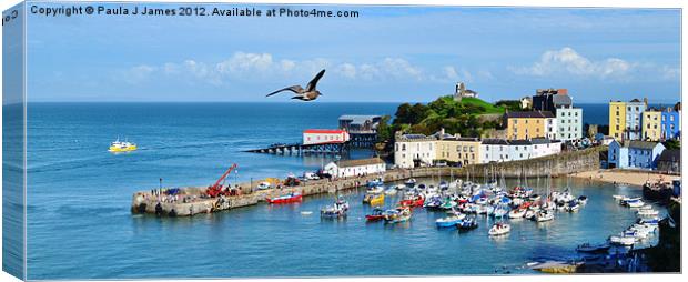 Giant Seagull flying over Tenby Harbour Canvas Print by Paula J James