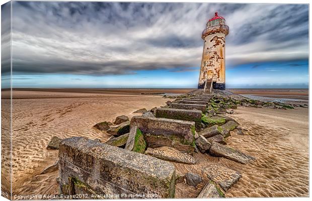 Crooked Lighthouse Talacre Beach Canvas Print by Adrian Evans