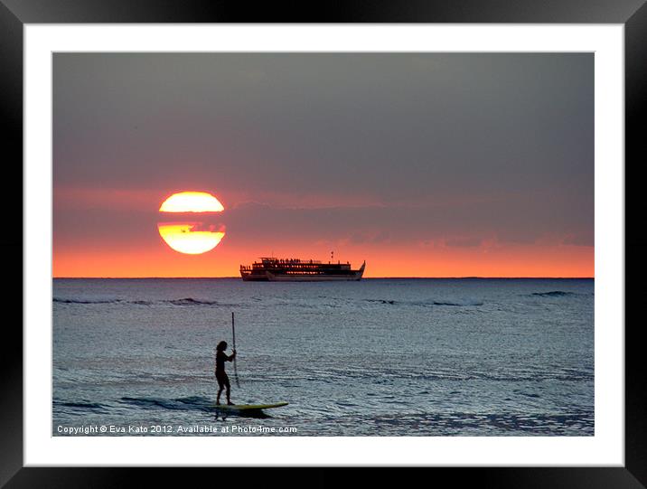Waikiki Sunset Surfer Framed Mounted Print by Eva Kato