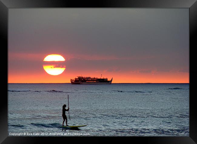 Waikiki Sunset Surfer Framed Print by Eva Kato
