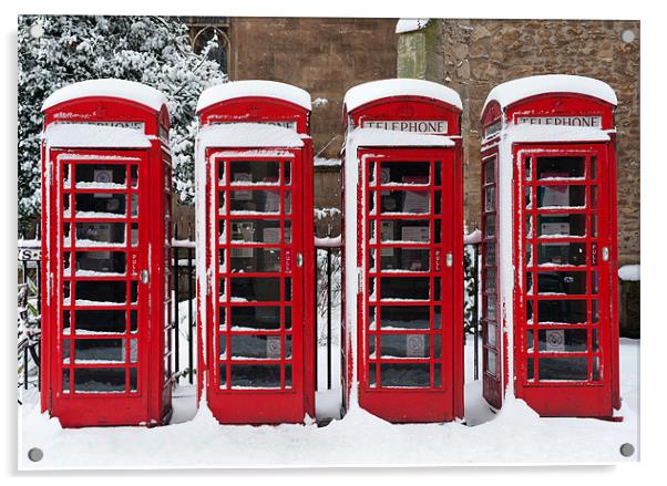 Phone boxes in the snow Acrylic by Stephen  Hewett