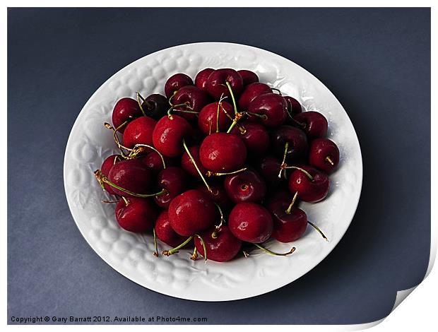 Cherries White Bowl On Blue Print by Gary Barratt