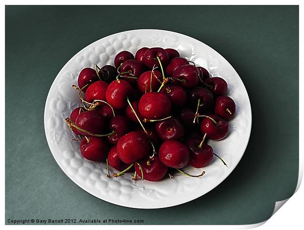 Cherries White Bowl On Green Print by Gary Barratt