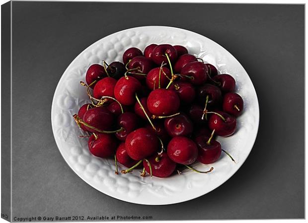 Cherries White Bowl On Grey Canvas Print by Gary Barratt