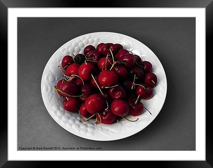 Cherries White Bowl On Grey Framed Mounted Print by Gary Barratt