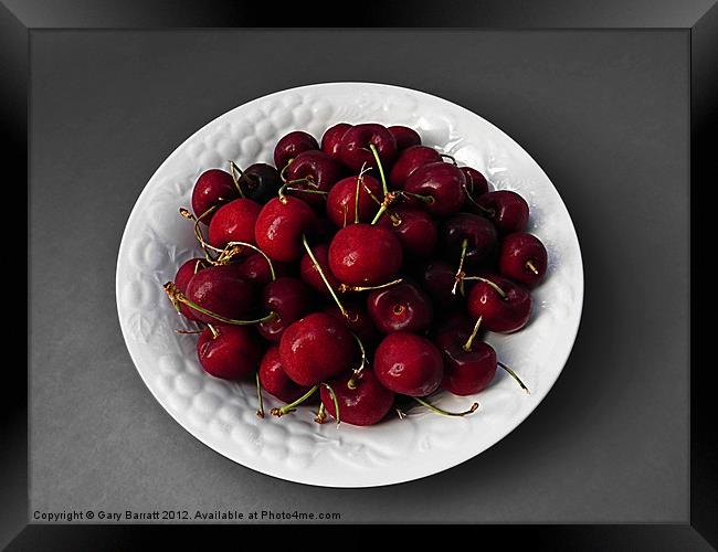 Cherries White Bowl On Grey Framed Print by Gary Barratt