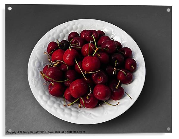 Cherries White Bowl On Grey Acrylic by Gary Barratt