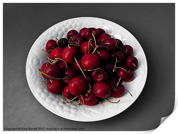 Cherries White Bowl On Grey Print by Gary Barratt