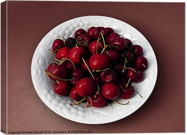 Cherries White Bowl On Red Canvas Print by Gary Barratt