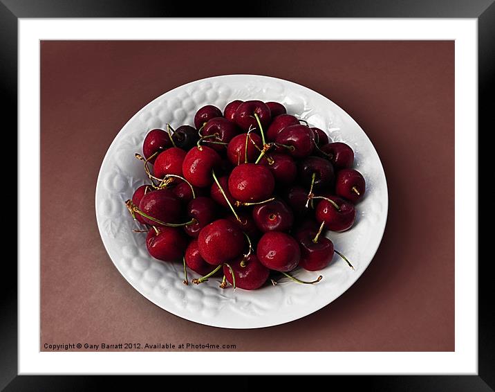 Cherries White Bowl On Red Framed Mounted Print by Gary Barratt