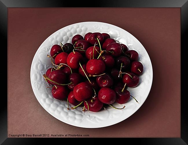 Cherries White Bowl On Red Framed Print by Gary Barratt