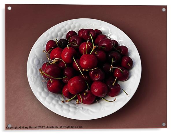 Cherries White Bowl On Red Acrylic by Gary Barratt
