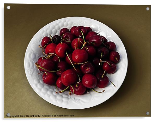 Cherries White Bowl On Yellow Acrylic by Gary Barratt