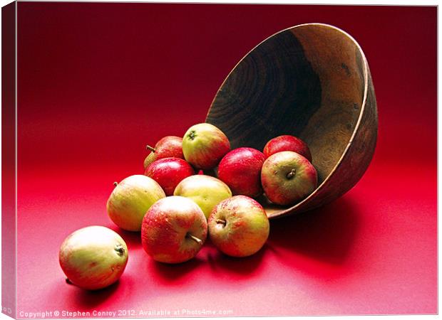Tumbling Apples on Red Background Canvas Print by Stephen Conroy