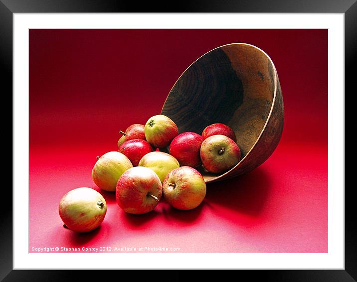 Tumbling Apples on Red Background Framed Mounted Print by Stephen Conroy