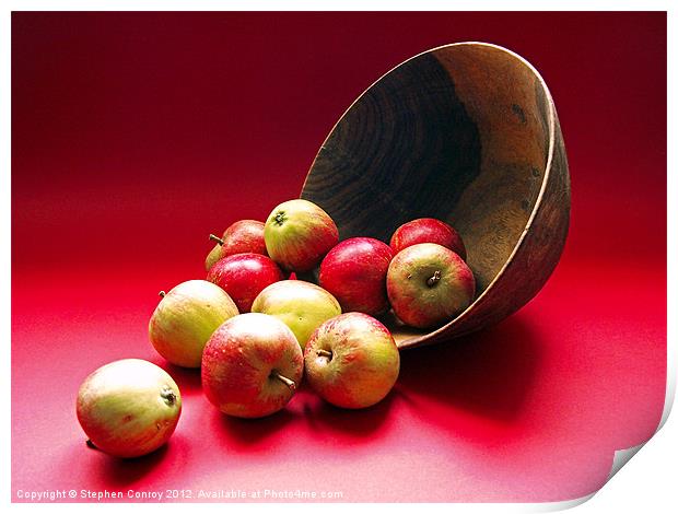 Tumbling Apples on Red Background Print by Stephen Conroy