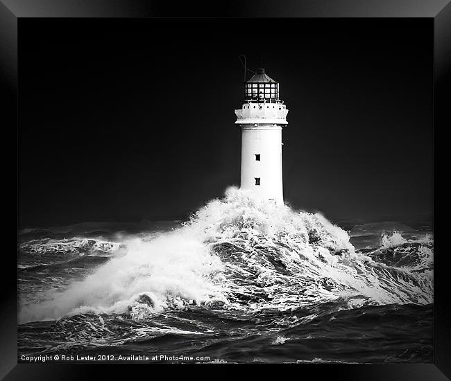 New Brighton lighthouse, " Facing the storm" Framed Print by Rob Lester